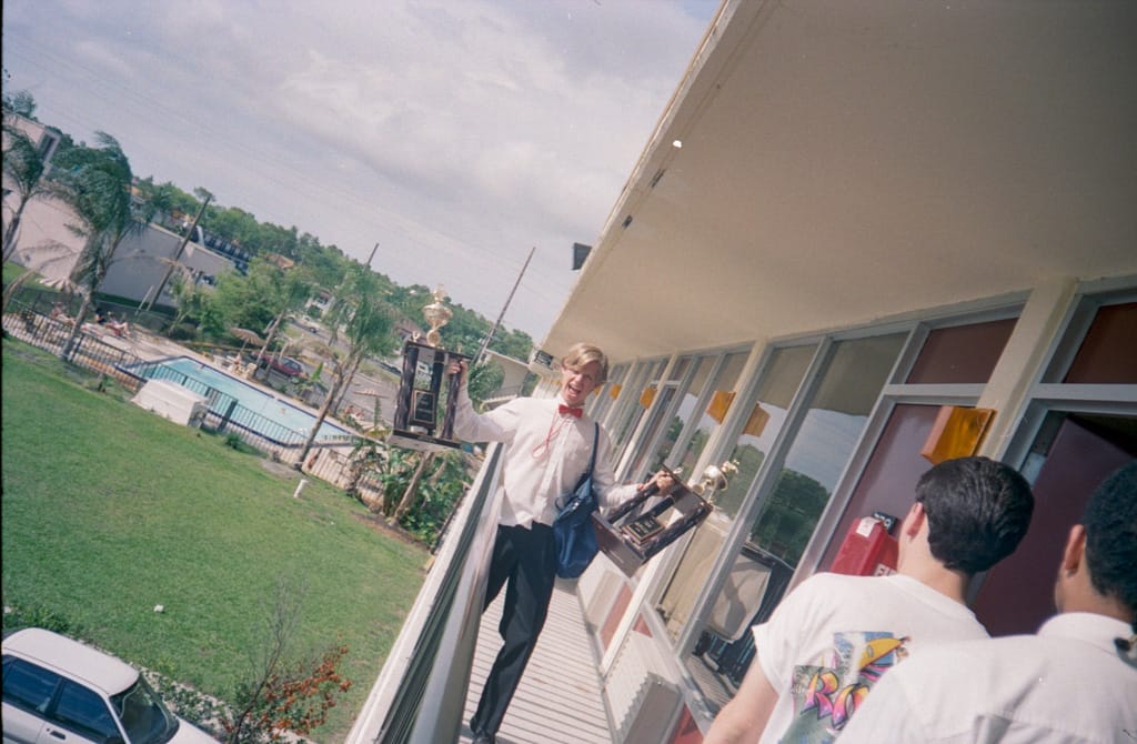 James bearing one of our trophies, Orlando, Florida, 6 April 1991