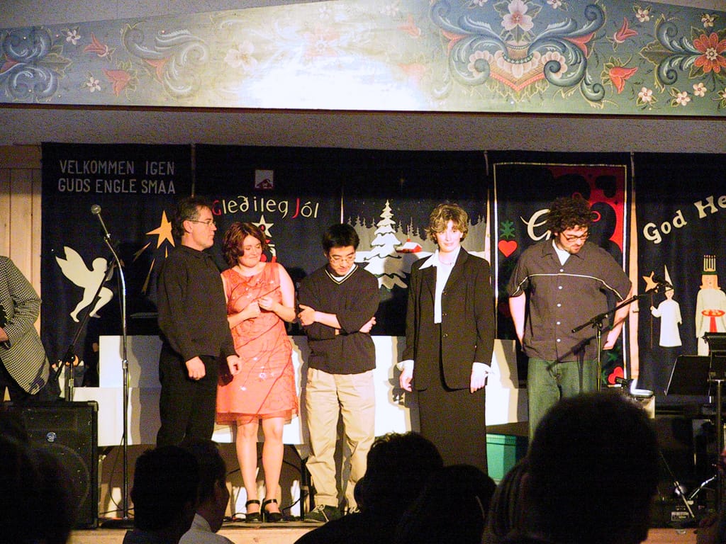 The unfortunate drafted to become The Village People  at the 2001 Critical Mass Christmas Party, Scandinavian Centre, Calgary, Alberta, 20 December 2001