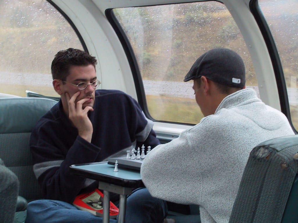 Playing chess as we depart Kamloops, British Columbia, 8 September 2002