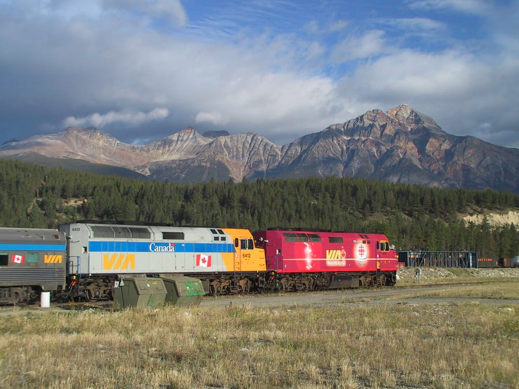 CBC 50th Anniversary VIA Rail train in the morning light, Jasper, Alberta, 9 September 2002
