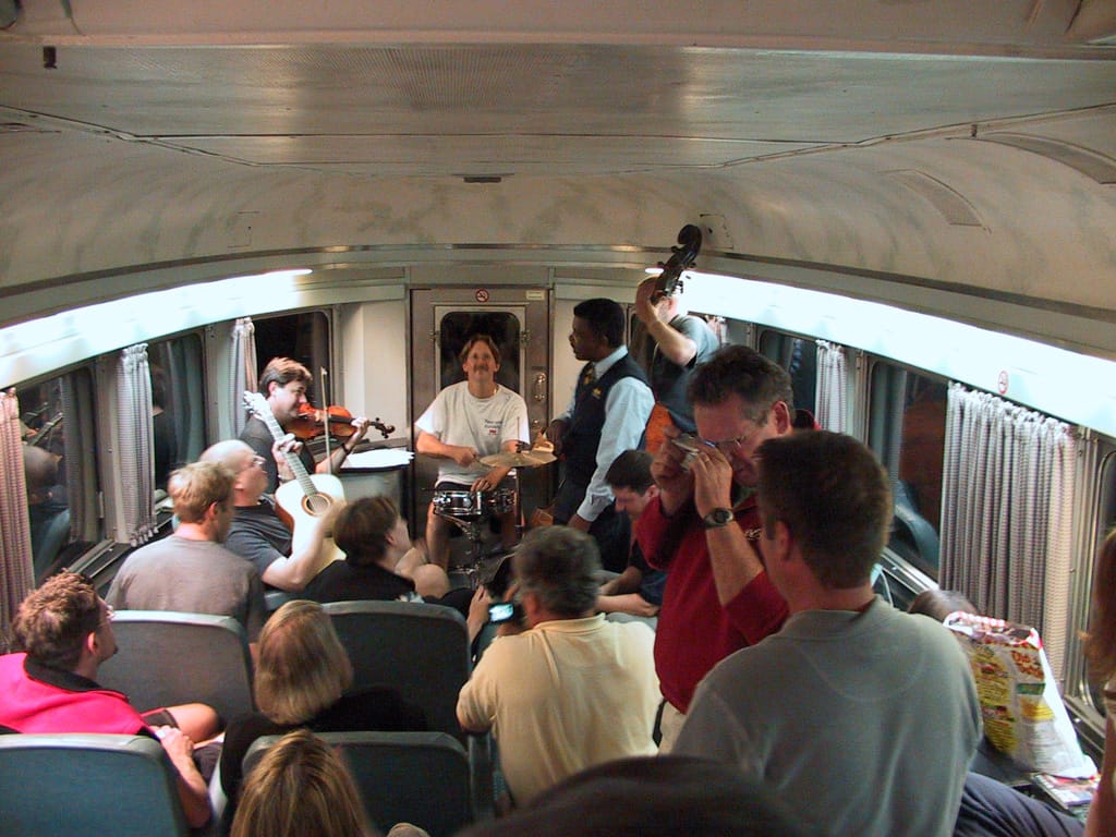 Music night in the Banff Park car, somewhere between Alberta and Saskatchewan, 11 September 2002