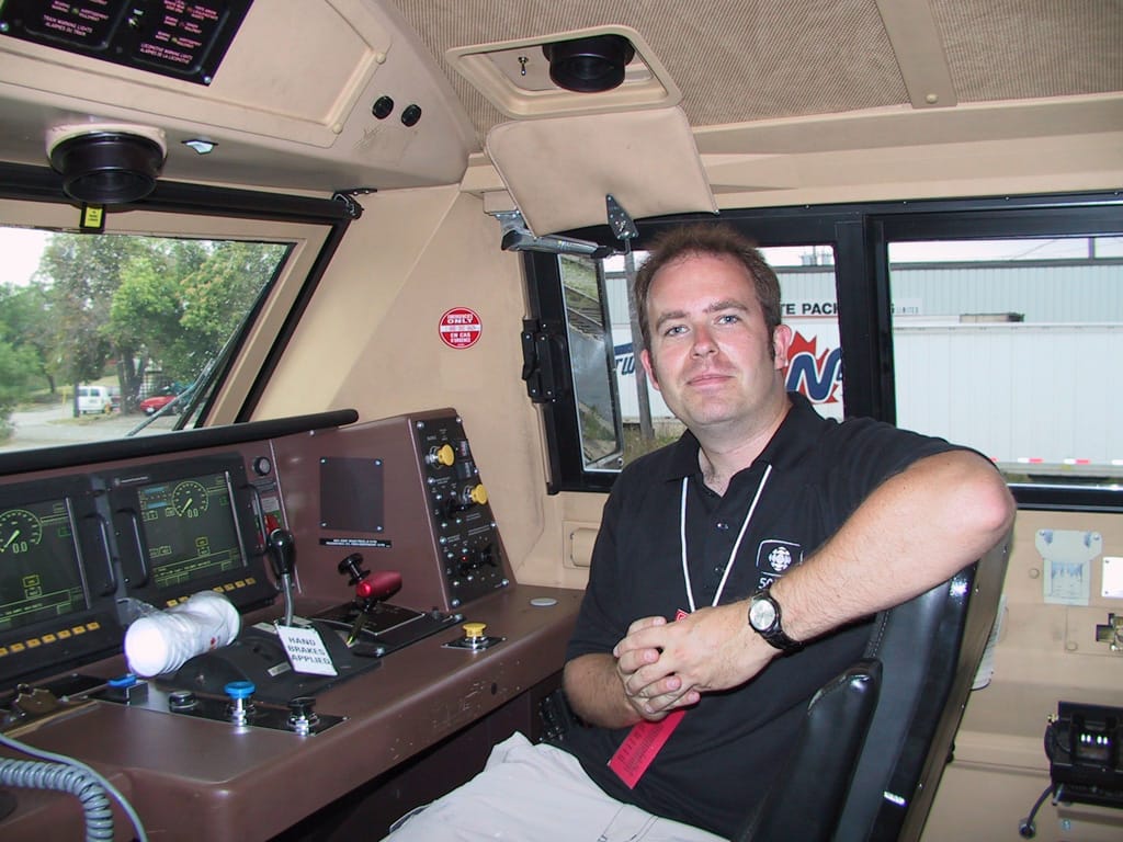 Me in the cab of VIA P42 locomotive #907, Windsor, Ontario, 20 September 2002