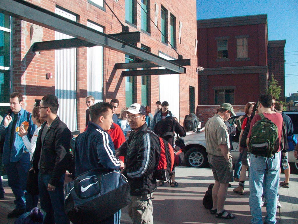 Waiting for the buses, Victoria Park, Calgary, Alberta, 18 June 2004