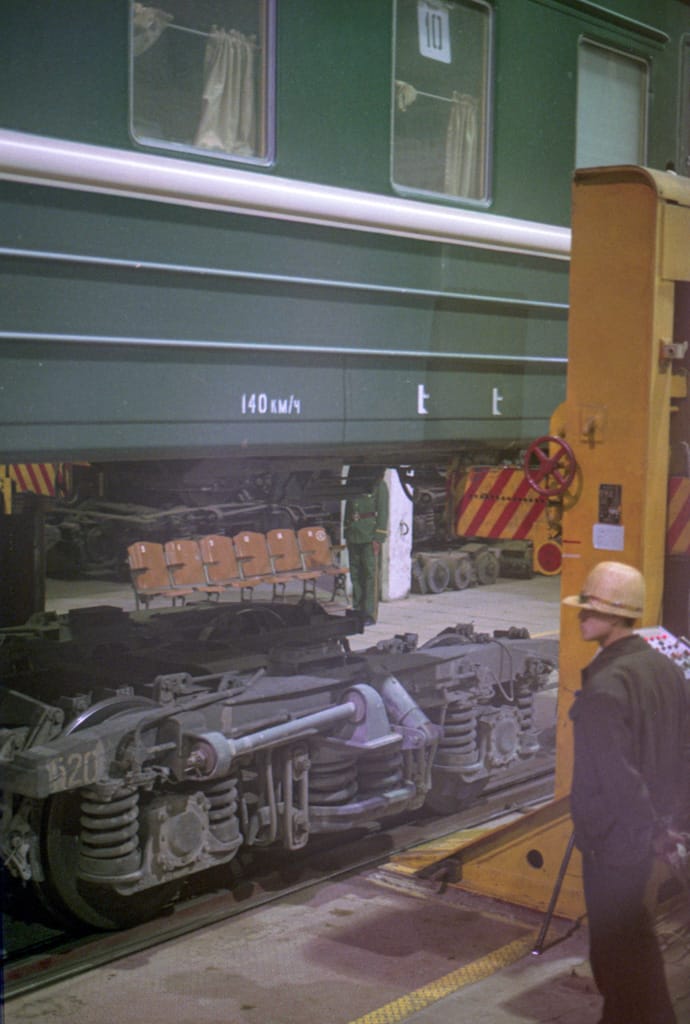 Jacks lifting train cars, Erlian, China, 26 May 2005