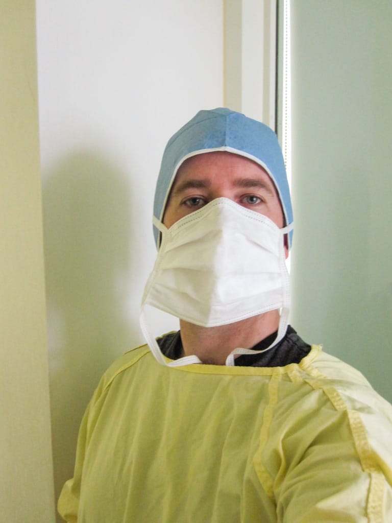 Me waiting for Choo Choo, Foothills Medical Centre, Calgary, Alberta, 18 March 2010