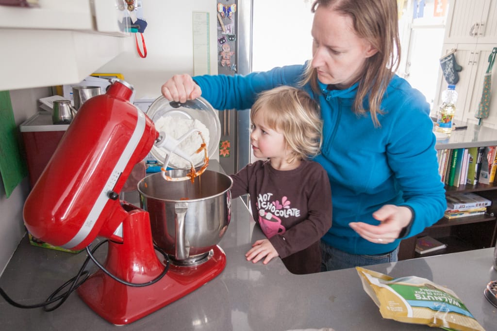 Helping Mommy bake a cake, Westgate, Calgary, Alberta, 18 March 2013